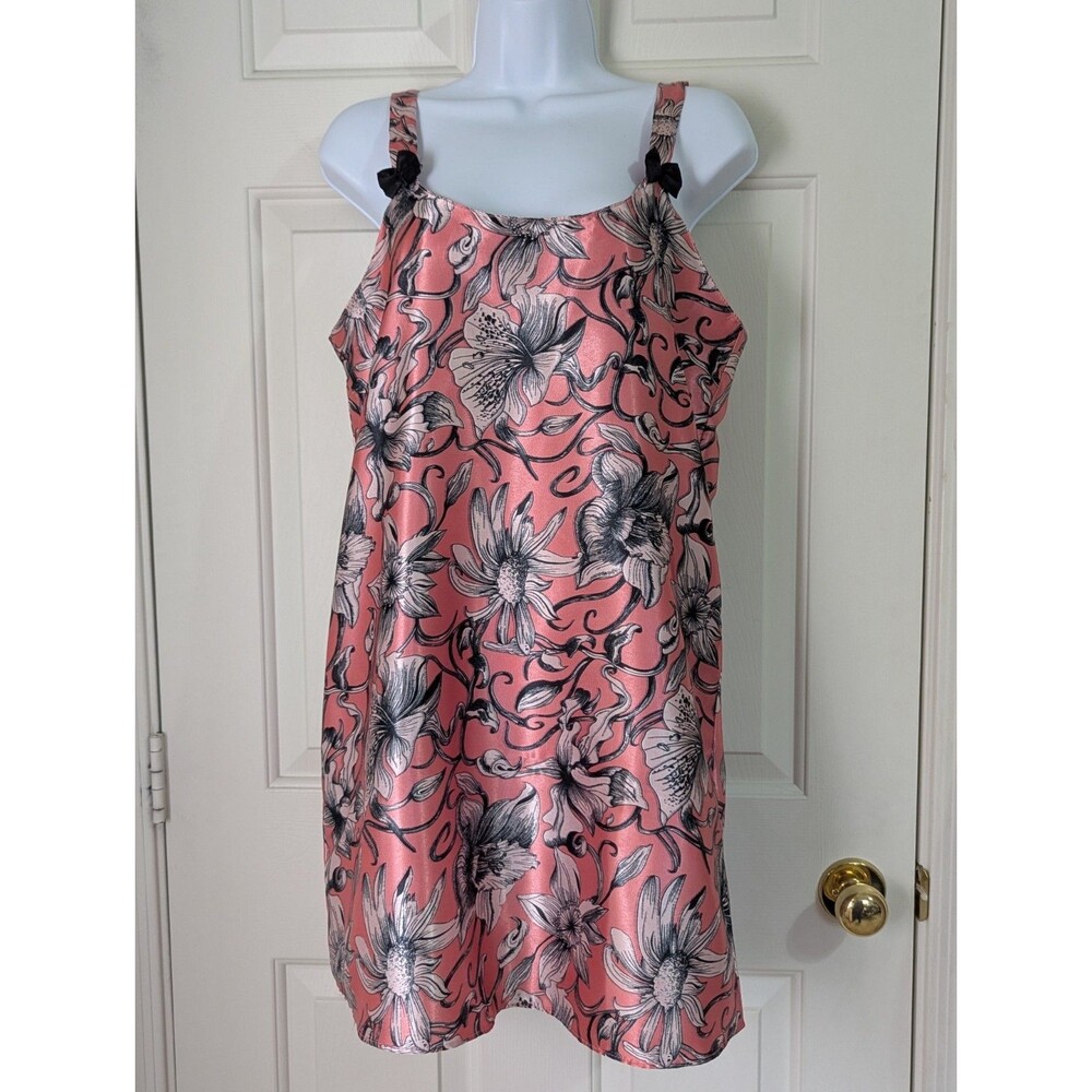 SANTE Satin Chemise Nightie Small Pink Black Floral Bow Coquette Romantic Sexy